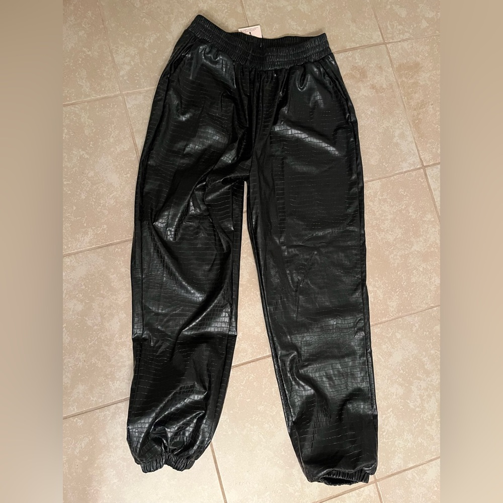 Misguided black faux leather croc joggers for sale!!